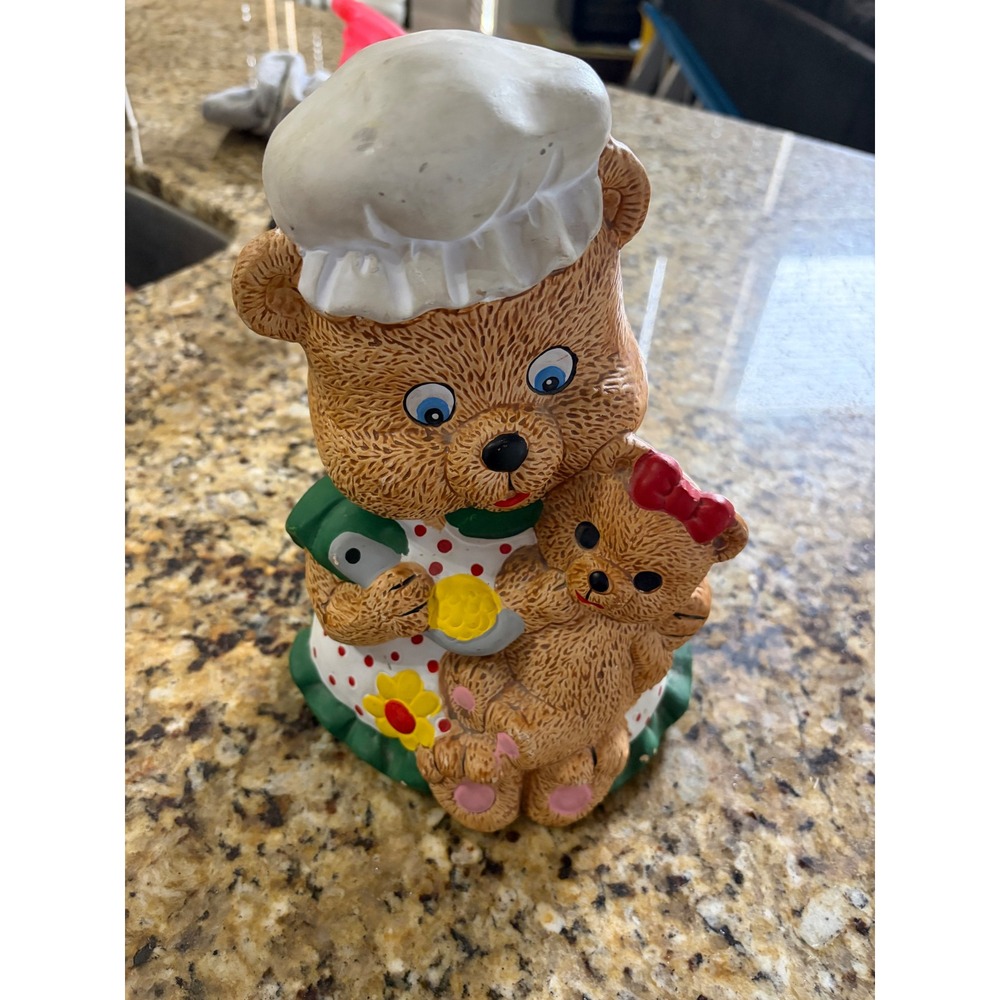 Vintage Ceramic Teddy Bear Coin Bank Mama and Baby Bear Chef Hat Polka Dot Apron
